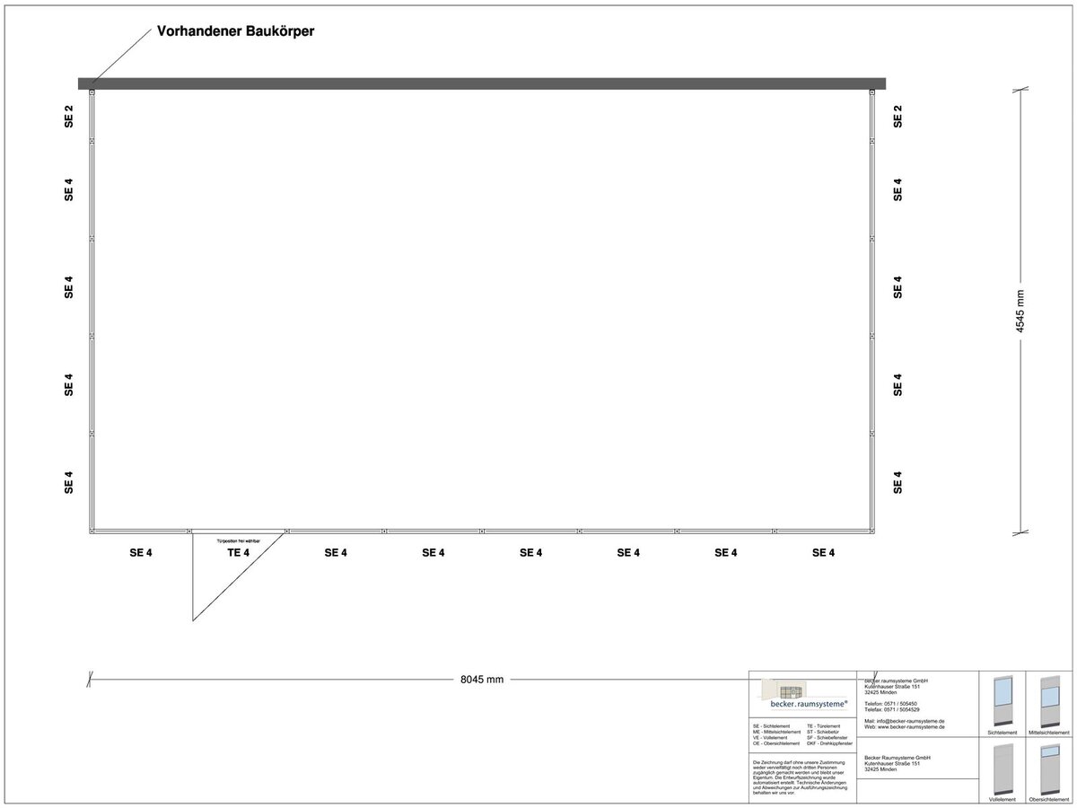 Zeichnung für Hallenbüro 3-seitig 8,00 x 4,50 m System RS 45 von Becker Raumsysteme - Artikel HB3-8045