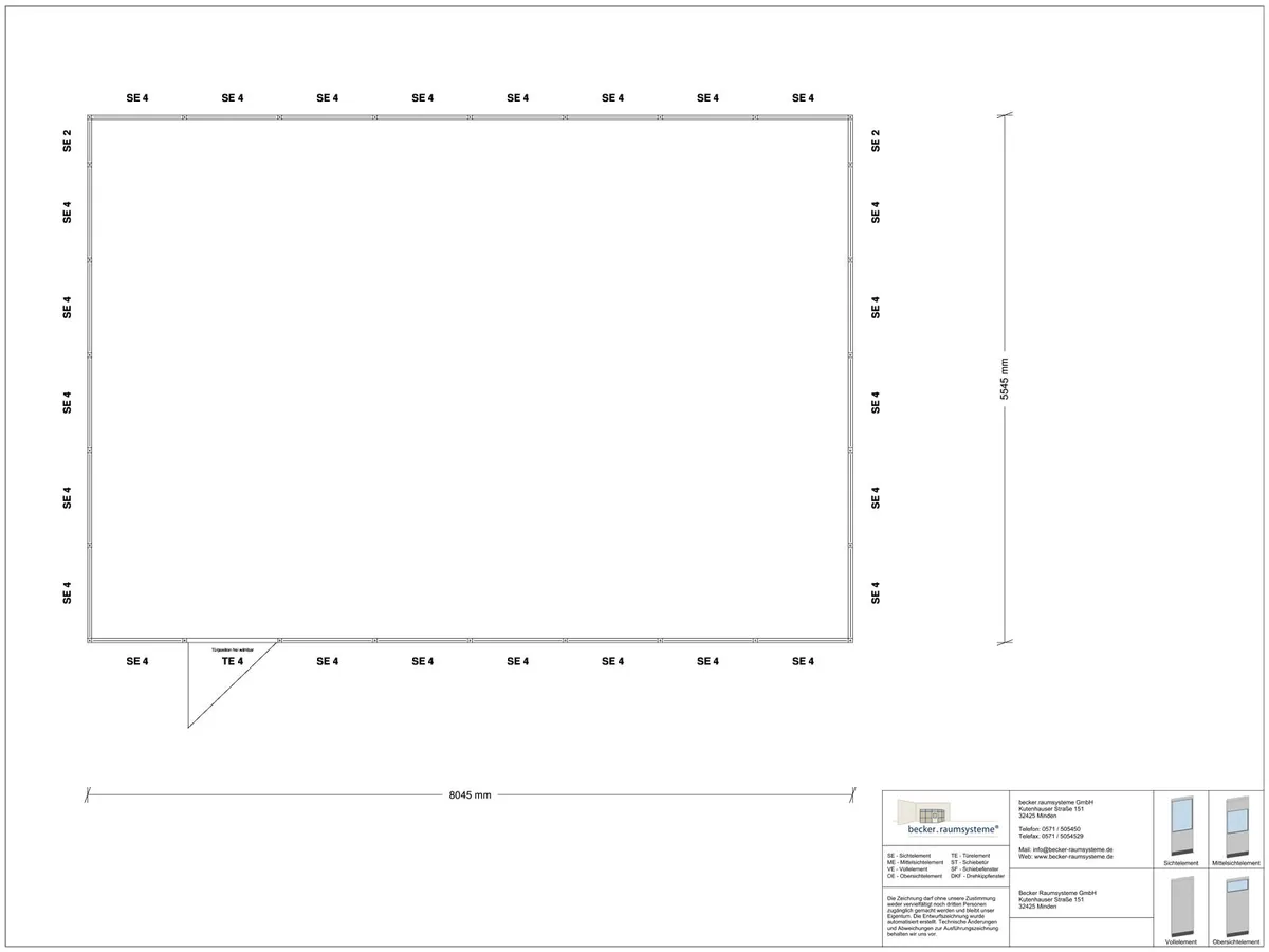 Zeichnung für Hallenbüro 4-seitig 8,00 x 5,50 m System RS 45 von Becker Raumsysteme - Artikel HB4-8055