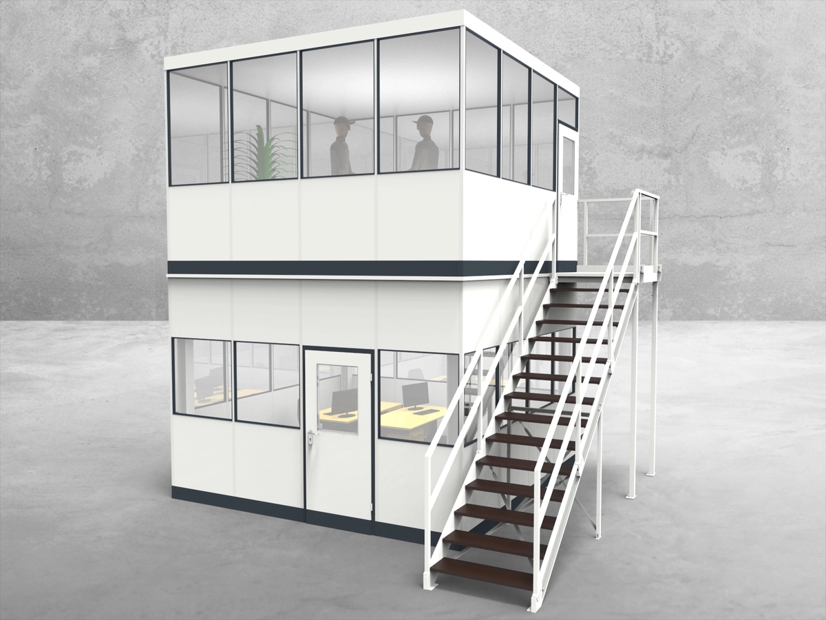 Aussenansicht für Hallenbüro als Doppelstock 4-seitig 4,00 x 4,00 m System RS 45 von Becker Raumsysteme - Artikel HD4-4040