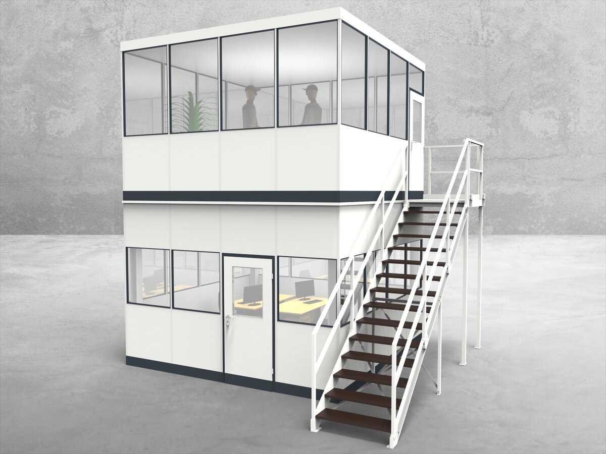 Aussenansicht für Hallenbüro als Doppelstock 4-seitig 4,00 x 4,00 m System RS 45 von Becker Raumsysteme - Artikel HD4-4040