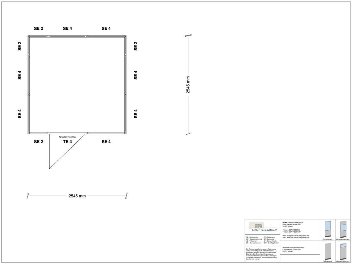 Zeichnung für Stellwand 4-seitig 2,50 x 2,50 m System RS 45 von Becker Raumsysteme - Artikel SW4-2525