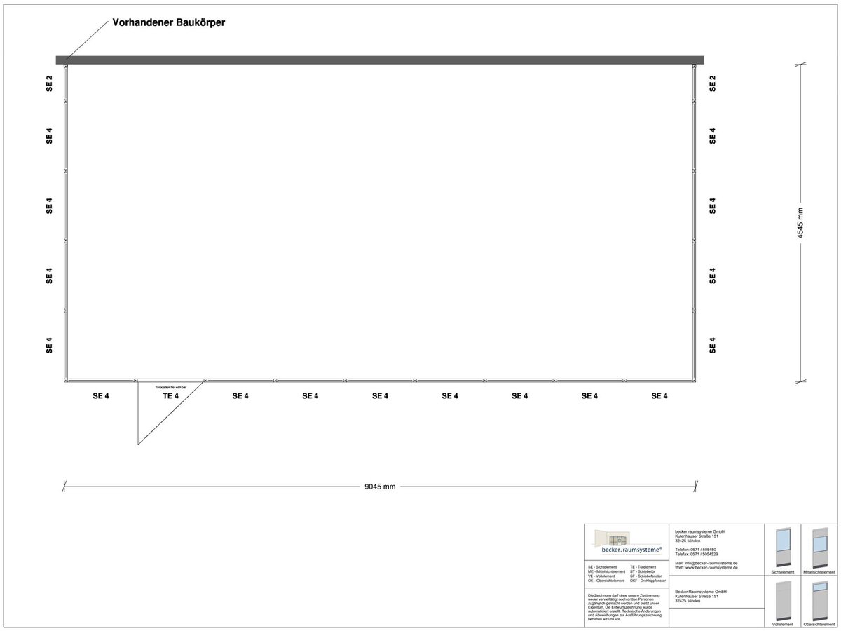 Zeichnung für Hallenbüro 3-seitig 9,00 x 4,50 m System RS 45 von Becker Raumsysteme - Artikel HB3-9045