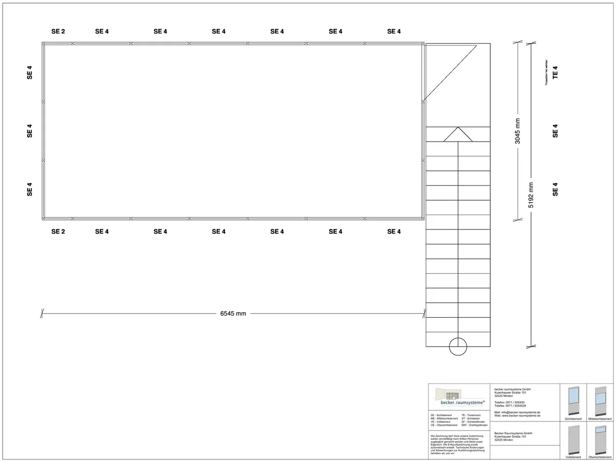 Zeichnung für Hallenbüro als Doppelstock 4-seitig 6,50 x 3,00 m System RS 45 von Becker Raumsysteme - Artikel HD4-6530