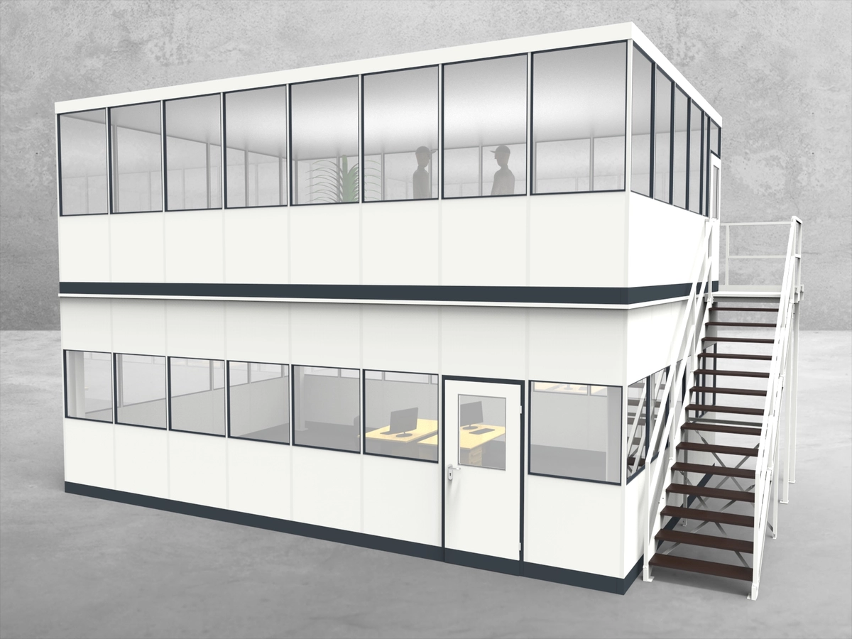 Aussenansicht für Hallenbüro als Doppelstock 4-seitig 8,00 x 5,50 m System RS 45 von Becker Raumsysteme - Artikel HD4-8055