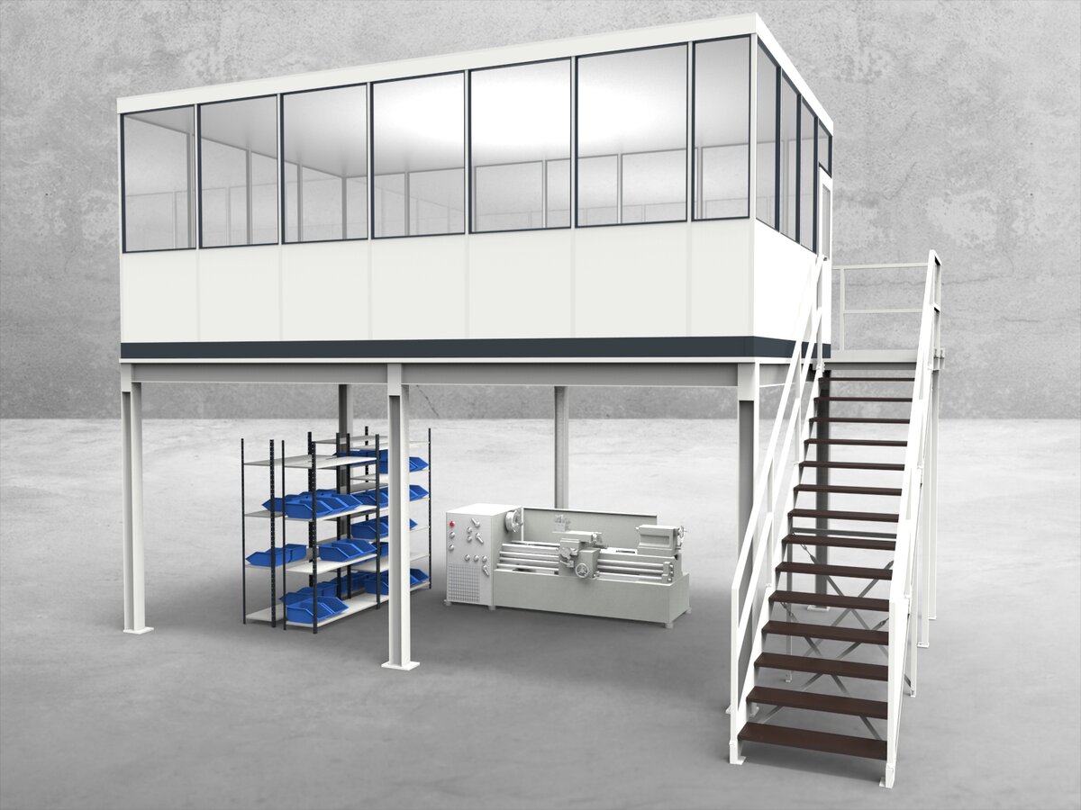 Aussenansicht für Hallenbüro auf Stahlbau 4-seitig 6,50 x 4,00 m System RS 45 von Becker Raumsysteme - Artikel HS4-6540