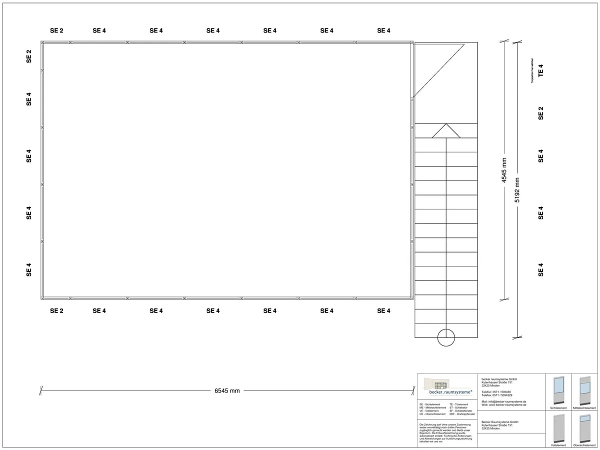 Zeichnung für Hallenbüro als Doppelstock 4-seitig 6,50 x 4,50 m System RS 45 von Becker Raumsysteme - Artikel HD4-6545