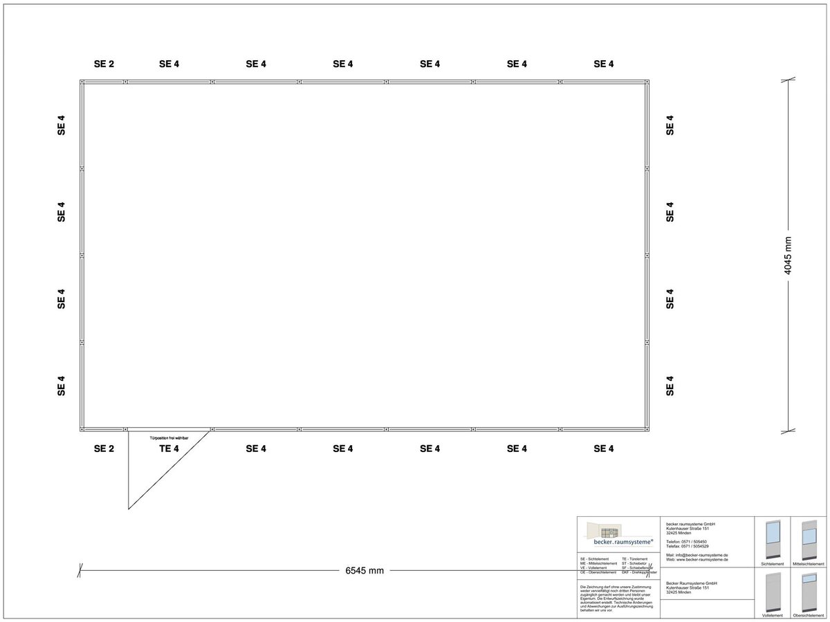 Zeichnung für Hallenbüro 4-seitig 6,50 x 4,00 m System RS 45 von Becker Raumsysteme - Artikel HB4-6540