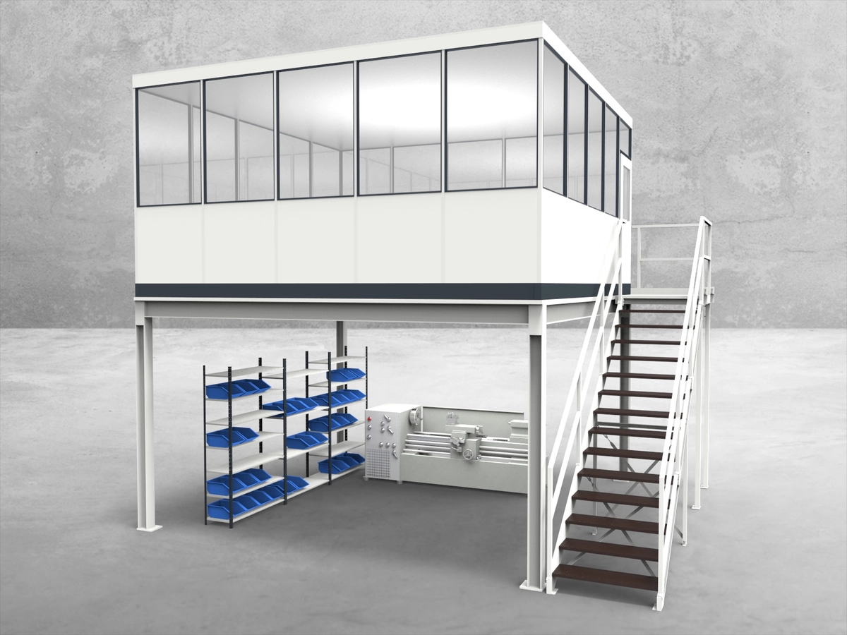 Aussenansicht für Hallenbüro auf Stahlbau 4-seitig 5,00 x 5,00 m System RS 45 von Becker Raumsysteme - Artikel HS4-5050