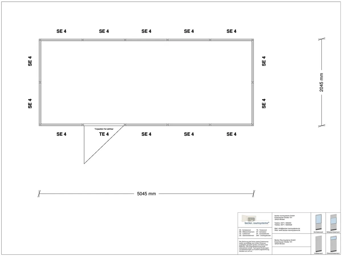 Zeichnung für Hallenbüro 4-seitig 5,00 x 2,00 m System RS 45 von Becker Raumsysteme - Artikel HB4-5020