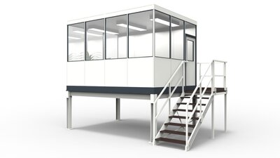 Meisterbüros aus vorgefertigten Bauteilen Meisterbüros für die Industrie aus modularen Bauteilen in einer Lagerhalle