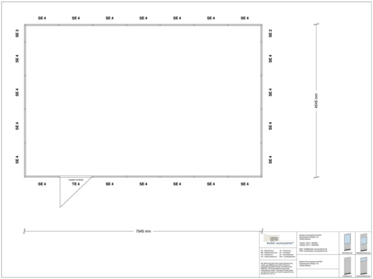 Zeichnung für Stellwand 4-seitig 7,00 x 4,50 m System RS 45 von Becker Raumsysteme - Artikel SW4-7045