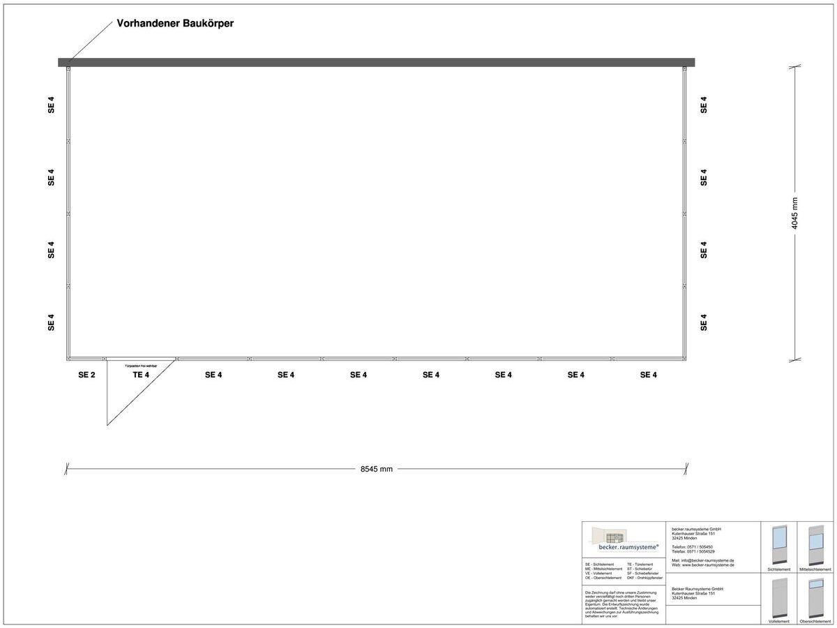 Zeichnung für Hallenbüro 3-seitig 8,50 x 4,00 m System RS 45 von Becker Raumsysteme - Artikel HB3-8540