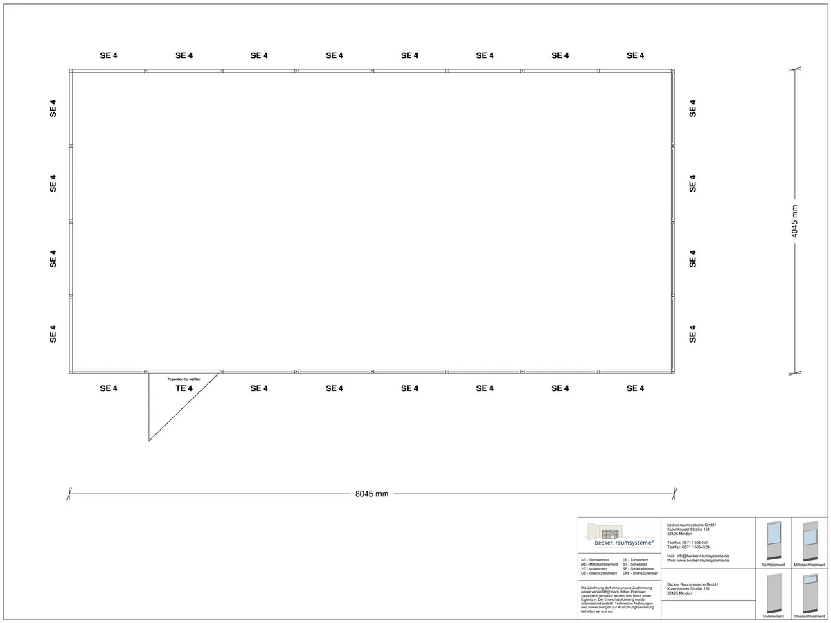 Zeichnung für Hallenbüro 4-seitig 8,00 x 4,00 m System RS 45 von Becker Raumsysteme - Artikel HB4-8040