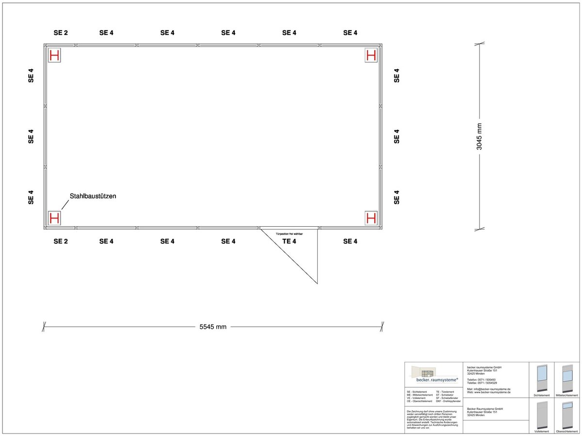 Zeichnung für Hallenbüro als Doppelstock 4-seitig 5,50 x 3,00 m System RS 45 von Becker Raumsysteme - Artikel HD4-5530