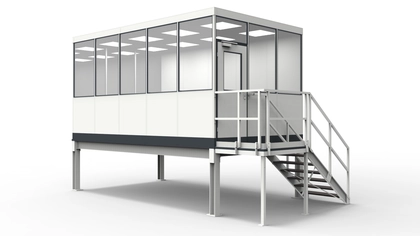 Meisterkabinen modular errichtet in einer Industriehalle Meisterkabinen für die Industrie aus modularen Bauteilen in einer Lagerhalle