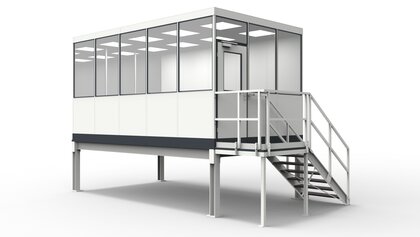 Meisterkabinen modular errichtet in einer Industriehalle Meisterkabinen für die Industrie aus modularen Bauteilen in einer Lagerhalle