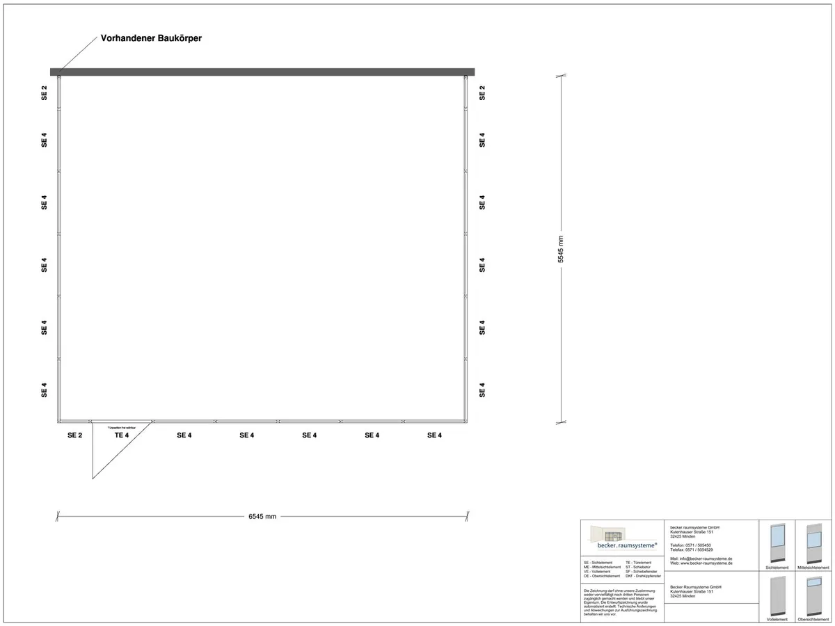 Zeichnung für Hallenbüro 3-seitig 6,50 x 5,50 m System RS 45 von Becker Raumsysteme - Artikel HB3-6555