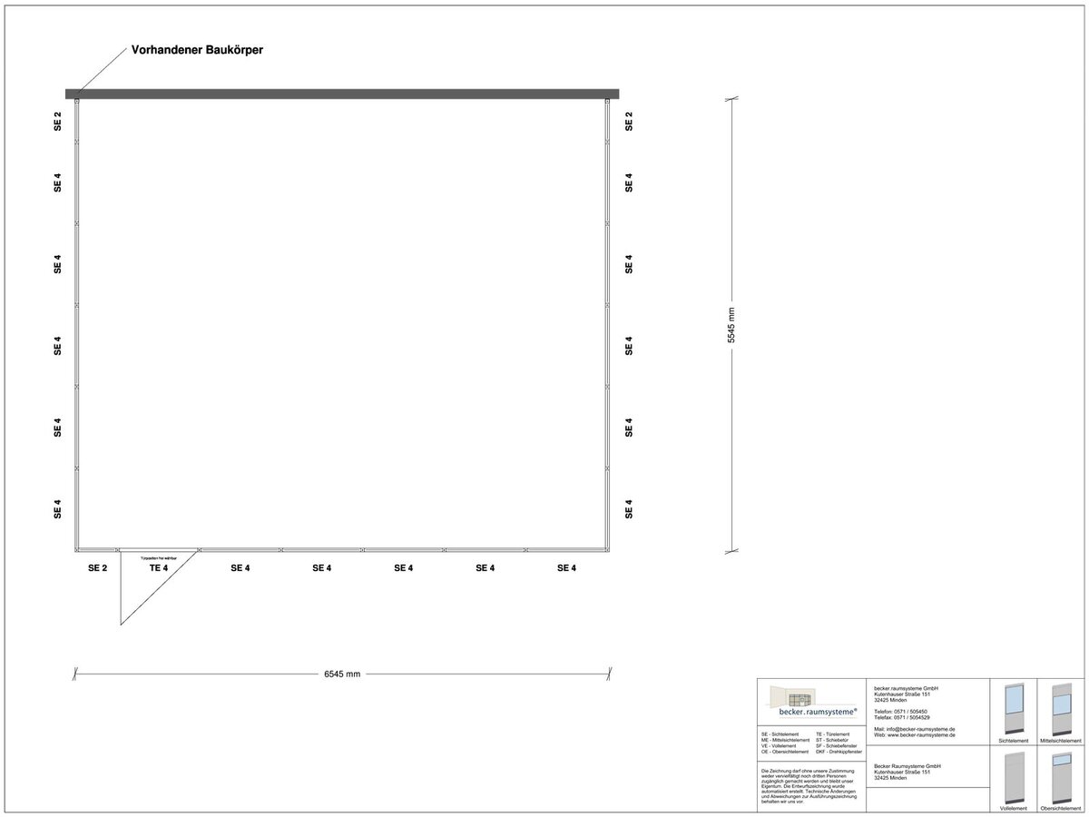 Zeichnung für Hallenbüro 3-seitig 6,50 x 5,50 m System RS 45 von Becker Raumsysteme - Artikel HB3-6555