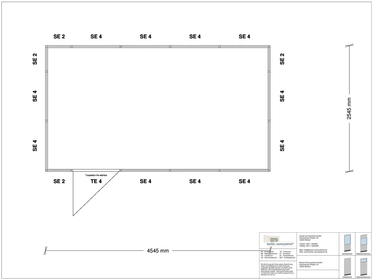 Zeichnung für Hallenbüro 4-seitig 4,50 x 2,50 m System RS 45 von Becker Raumsysteme - Artikel HB4-4525