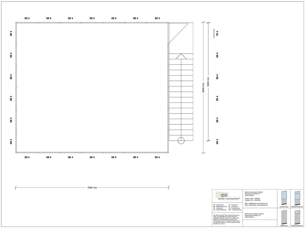 Zeichnung für Hallenbüro als Doppelstock 4-seitig 4,50 x 3,00 m System RS 45 von Becker Raumsysteme - Artikel HD4-4530