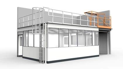 Hallenbüro unter Bühne modular errichtet in einer Industriehalle Hallenbüro unter Bühne aus vorgefertigten Bauteilen für Industrielösungen