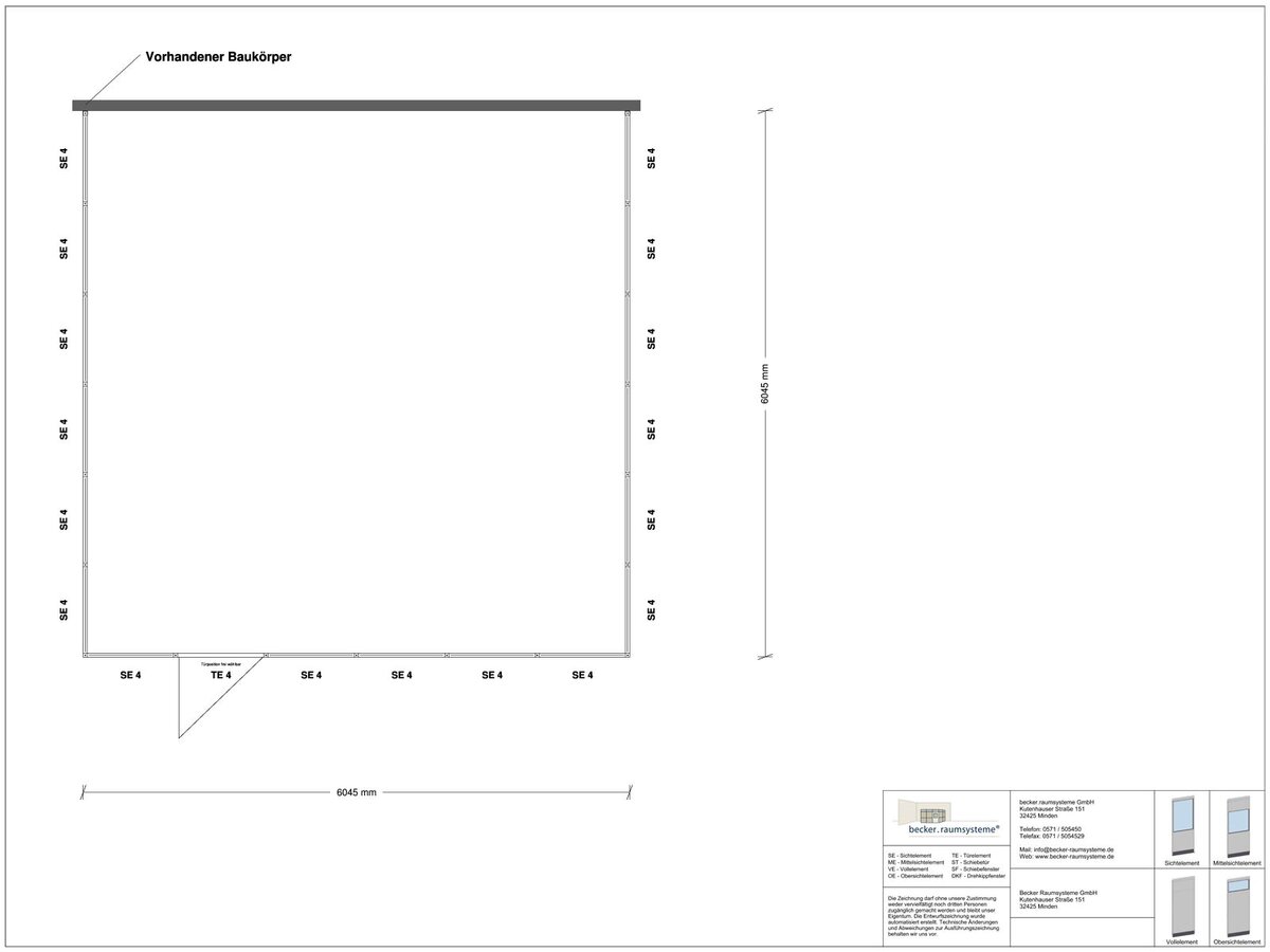 Zeichnung für Hallenbüro 3-seitig 6,00 x 6,00 m System RS 45 von Becker Raumsysteme - Artikel HB3-6060