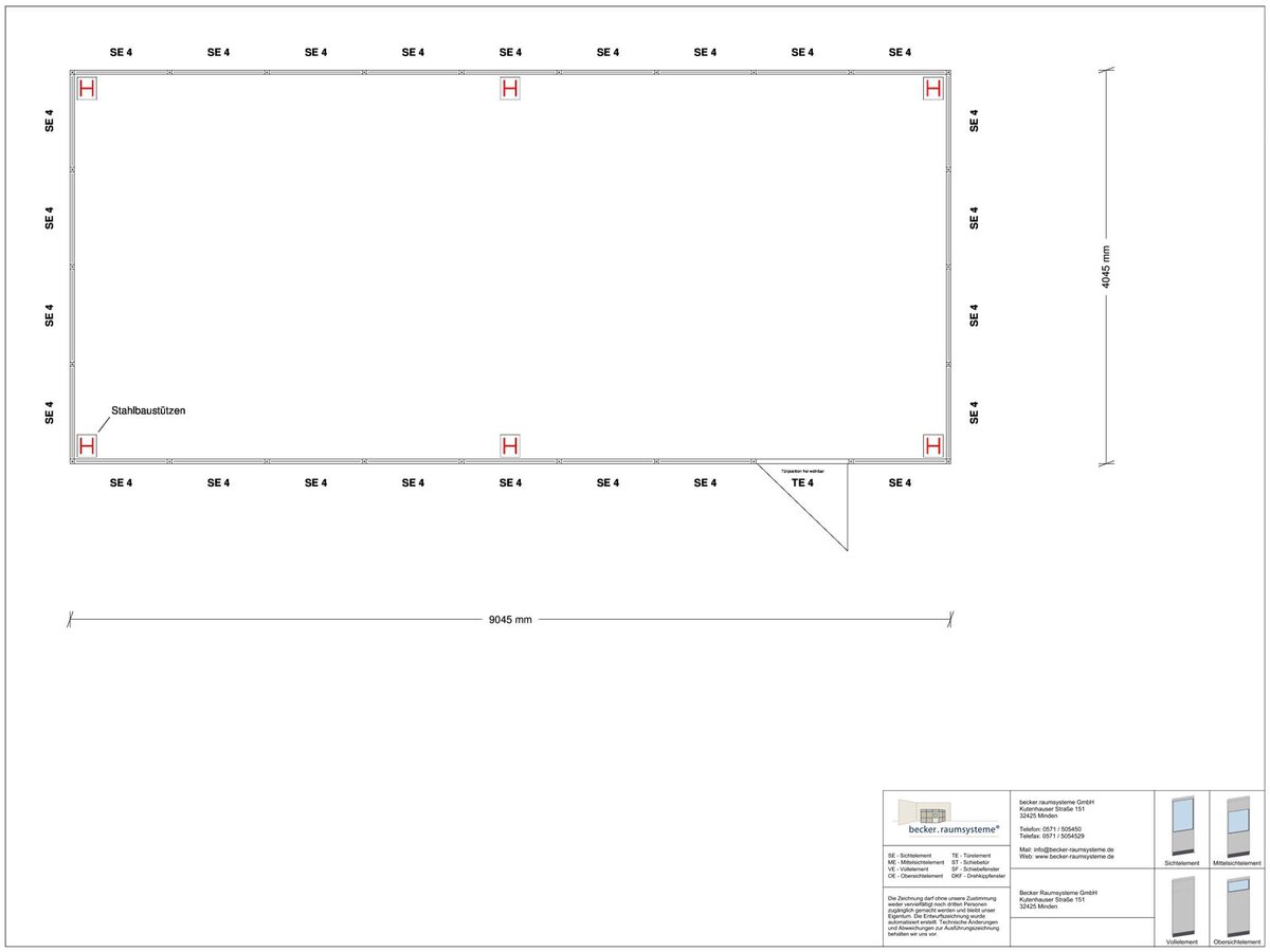 Zeichnung für Hallenbüro als Doppelstock 4-seitig 9,00 x 4,00 m System RS 45 von Becker Raumsysteme - Artikel HD4-9040