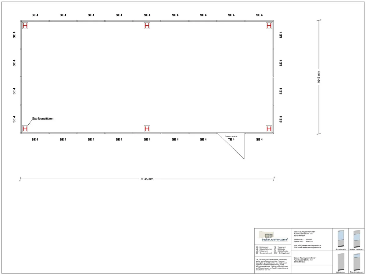 Zeichnung für Hallenbüro als Doppelstock 4-seitig 9,00 x 4,00 m System RS 45 von Becker Raumsysteme - Artikel HD4-9040