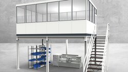 Hallenbüro auf Stahlbau 4-seitig 6,00 x 4,00 m - Aussenansicht (HS4-6040) Aussenansicht für Hallenbüro auf Stahlbau 4-seitig 6,00 x 4,00 m System RS 45 von Becker Raumsysteme - Artikel HS4-6040