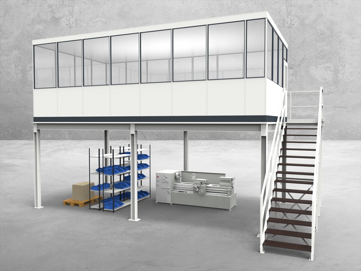 Aussenansicht für Hallenbüro auf Stahlbau 4-seitig 7,50 x 4,00 m System RS 45 von Becker Raumsysteme - Artikel HS4-7540