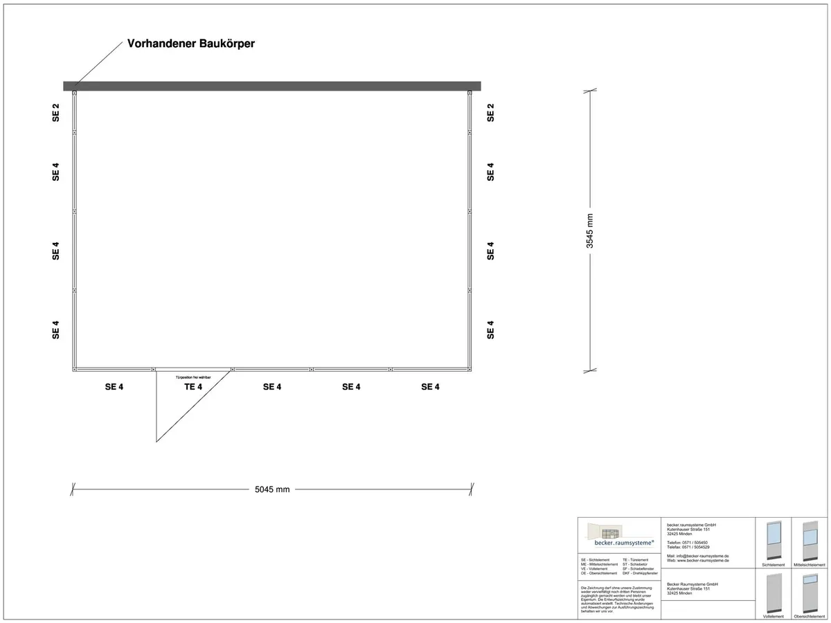 Zeichnung für Hallenbüro 3-seitig 5,00 x 3,50 m System RS 45 von Becker Raumsysteme - Artikel HB3-5035