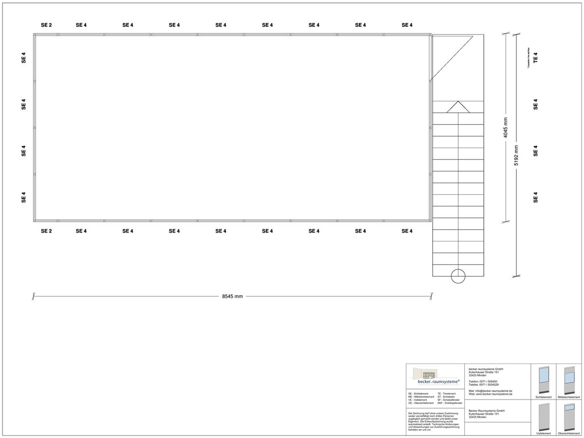 Zeichnung für Hallenbüro als Doppelstock 4-seitig 8,50 x 4,00 m System RS 45 von Becker Raumsysteme - Artikel HD4-8540