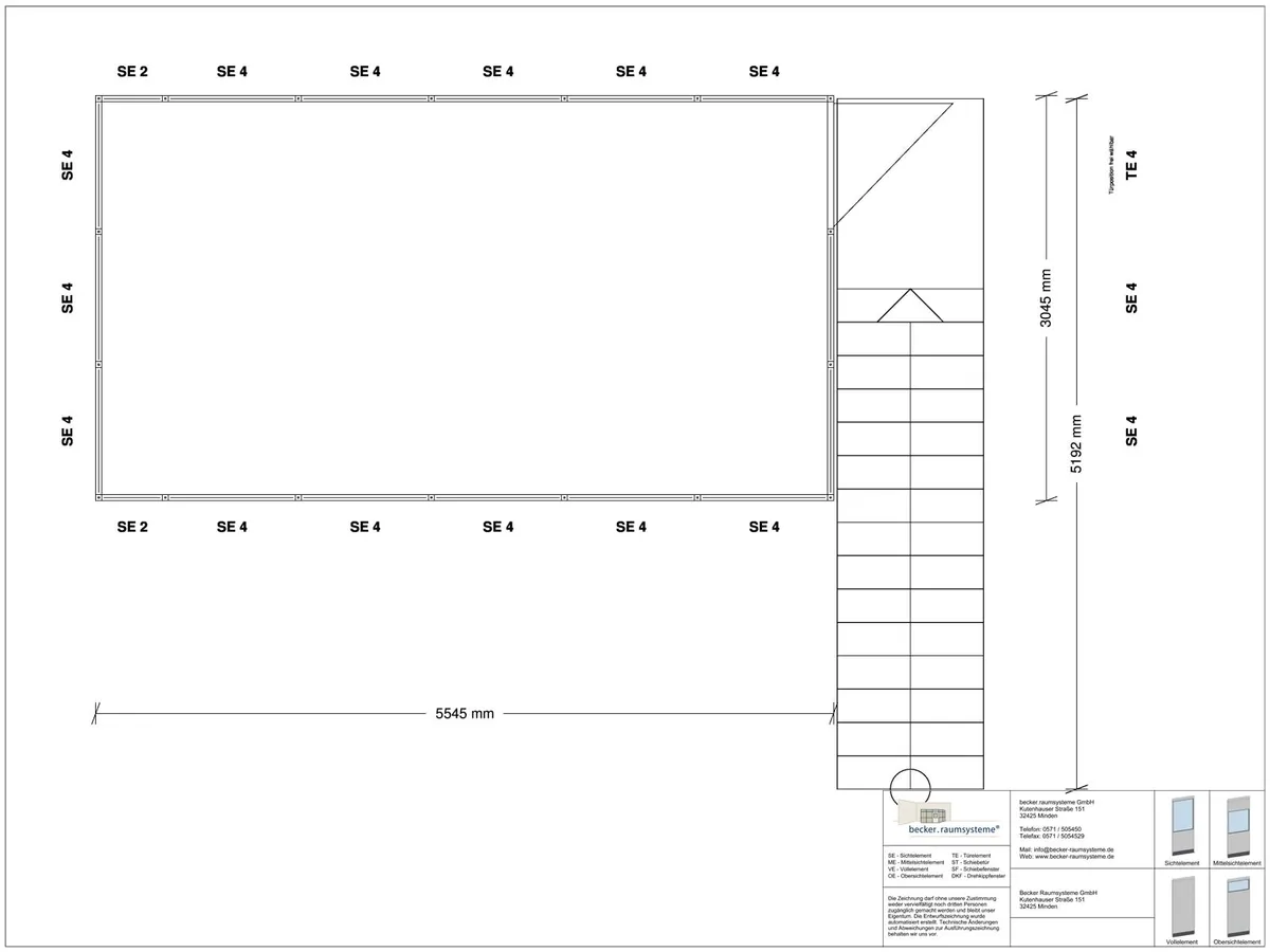 Zeichnung für Hallenbüro auf Stahlbau 4-seitig 5,50 x 3,00 m System RS 45 von Becker Raumsysteme - Artikel HS4-5530