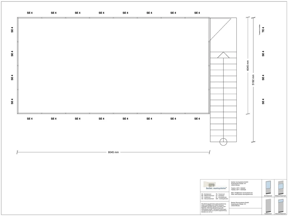 Zeichnung für Hallenbüro auf Stahlbau 4-seitig 8,00 x 4,00 m System RS 45 von Becker Raumsysteme - Artikel HS4-8040
