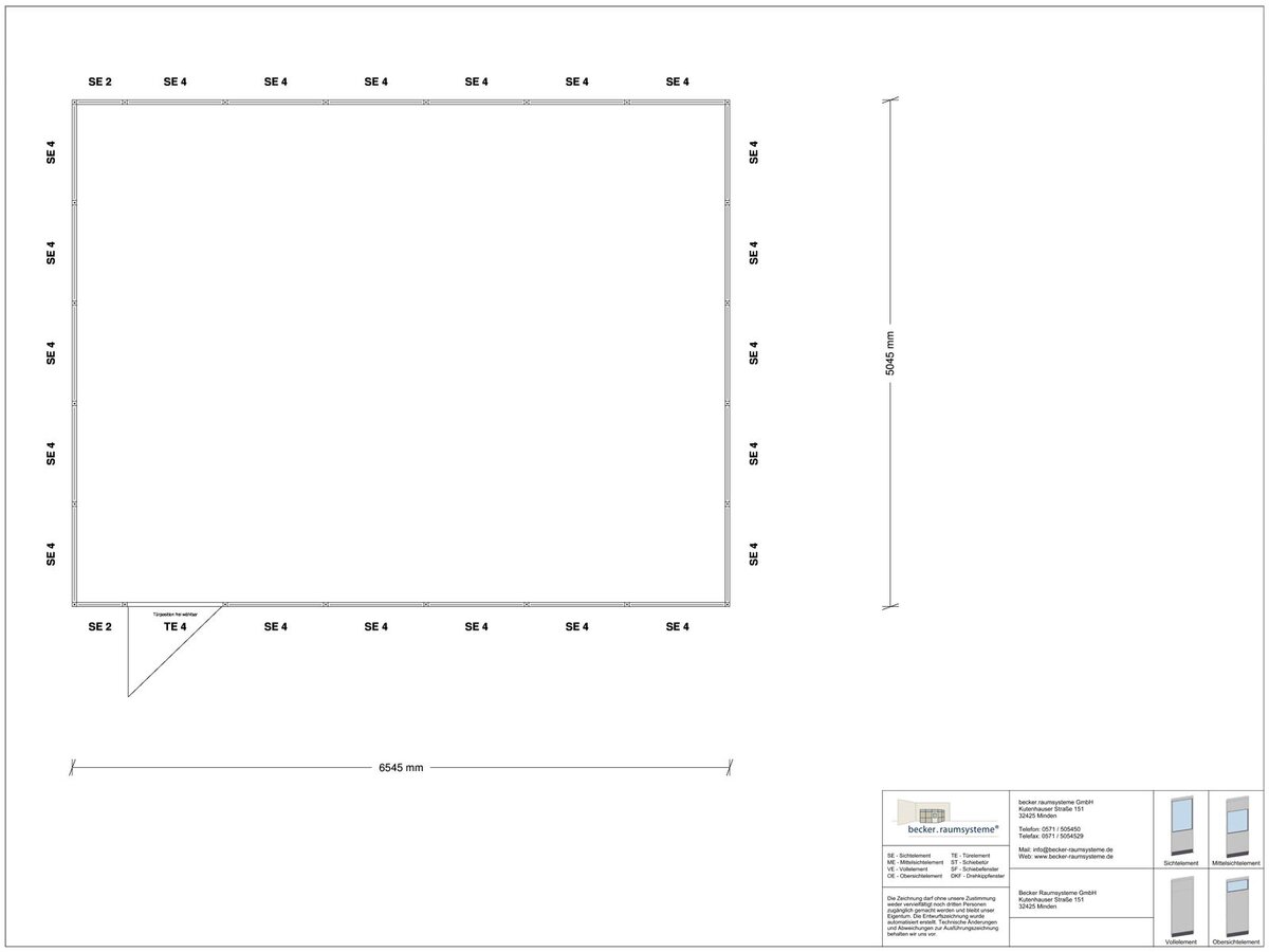 Zeichnung für Stellwand 4-seitig 6,50 x 5,00 m System RS 45 von Becker Raumsysteme - Artikel SW4-6550