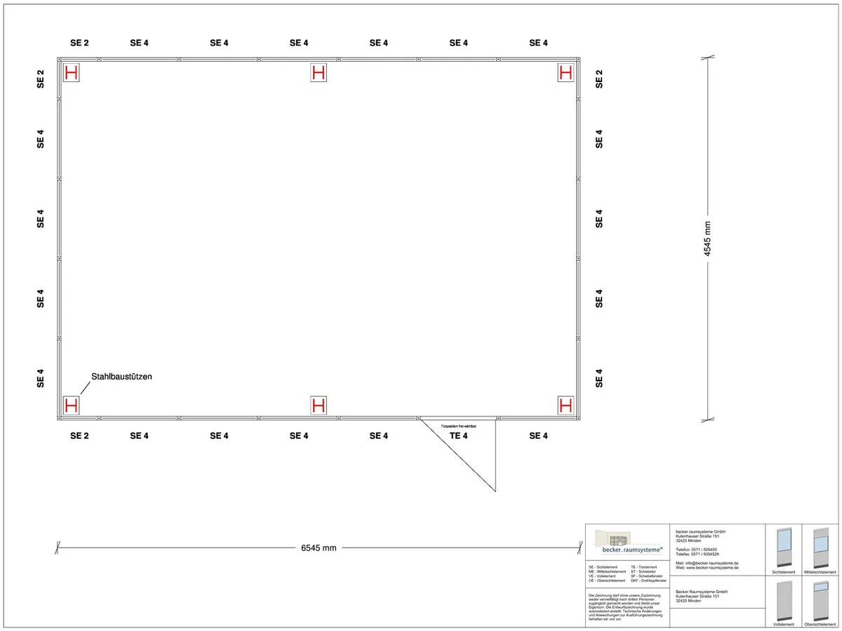 Zeichnung für Hallenbüro als Doppelstock 4-seitig 6,50 x 4,50 m System RS 45 von Becker Raumsysteme - Artikel HD4-6545