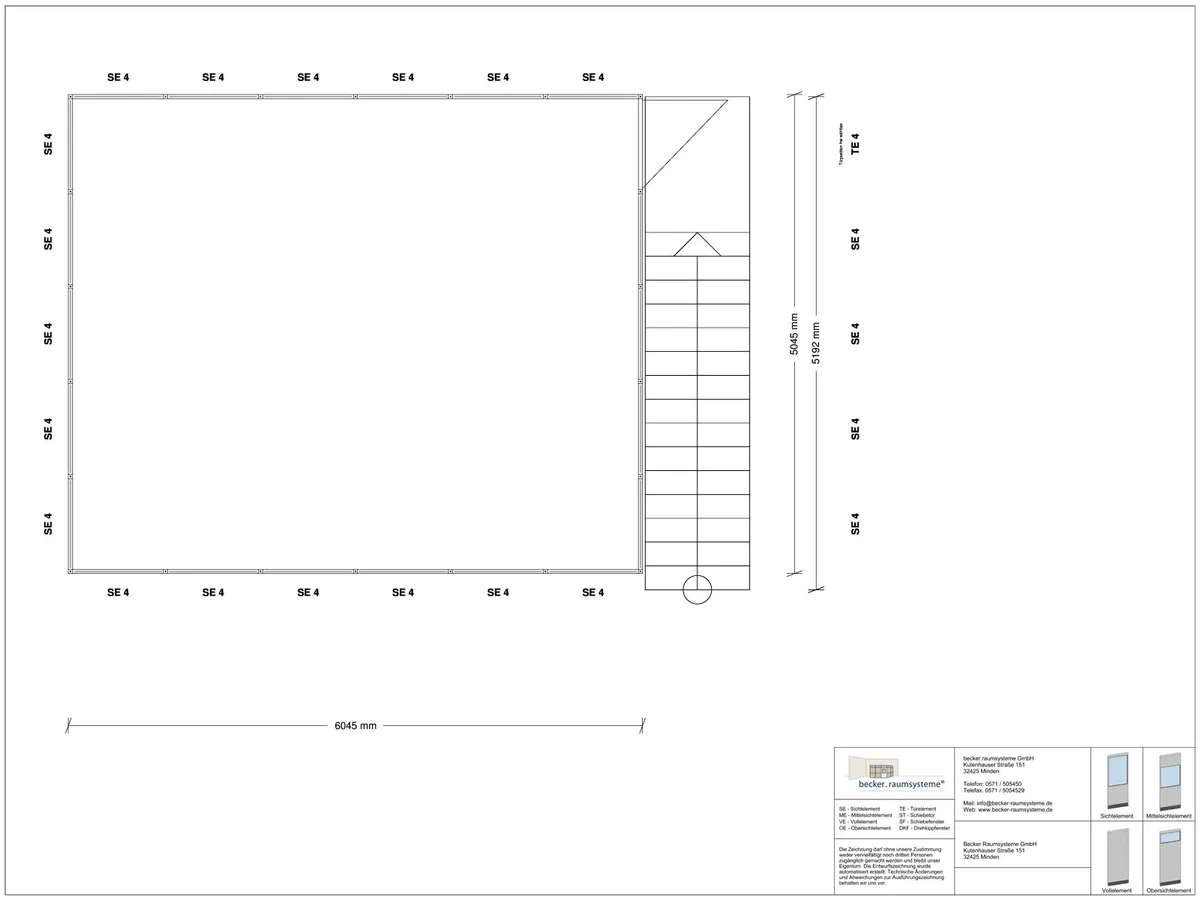 Zeichnung für Hallenbüro auf Stahlbau 4-seitig 6,00 x 5,00 m System RS 45 von Becker Raumsysteme - Artikel HS4-6050