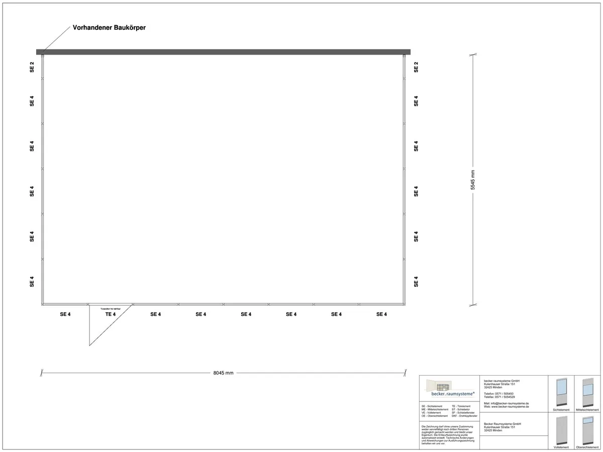 Zeichnung für Hallenbüro 3-seitig 8,00 x 5,50 m System RS 45 von Becker Raumsysteme - Artikel HB3-8055