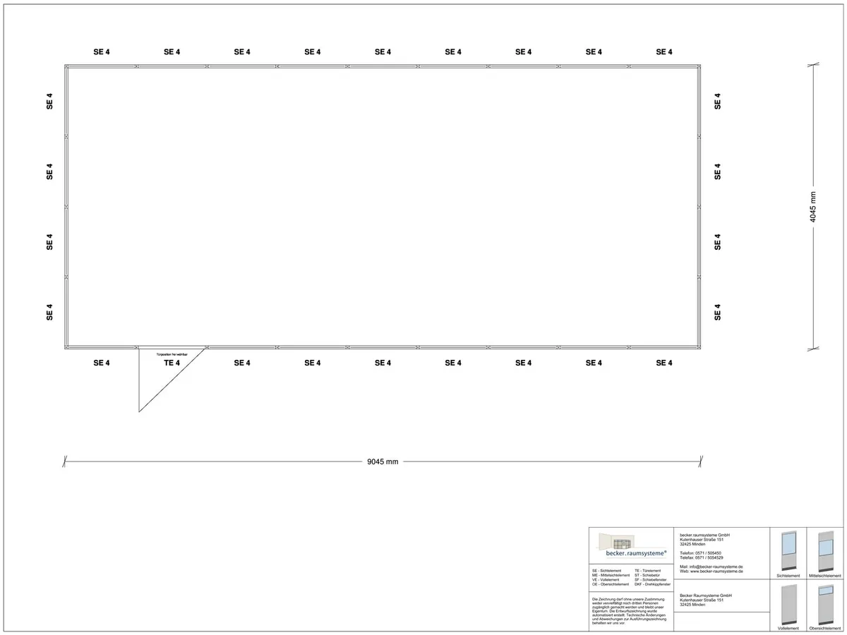 Zeichnung für Hallenbüro 4-seitig 9,00 x 4,00 m System RS 45 von Becker Raumsysteme - Artikel HB4-9040