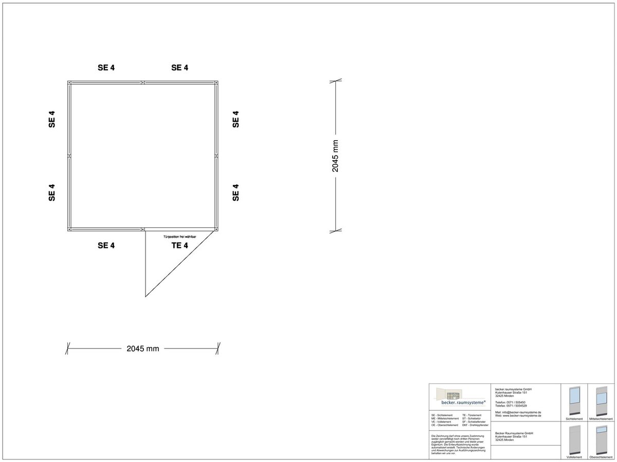 Zeichnung für Hallenbüro 4-seitig 2,00 x 2,00 m System RS 45 von Becker Raumsysteme - Artikel HB4-2020