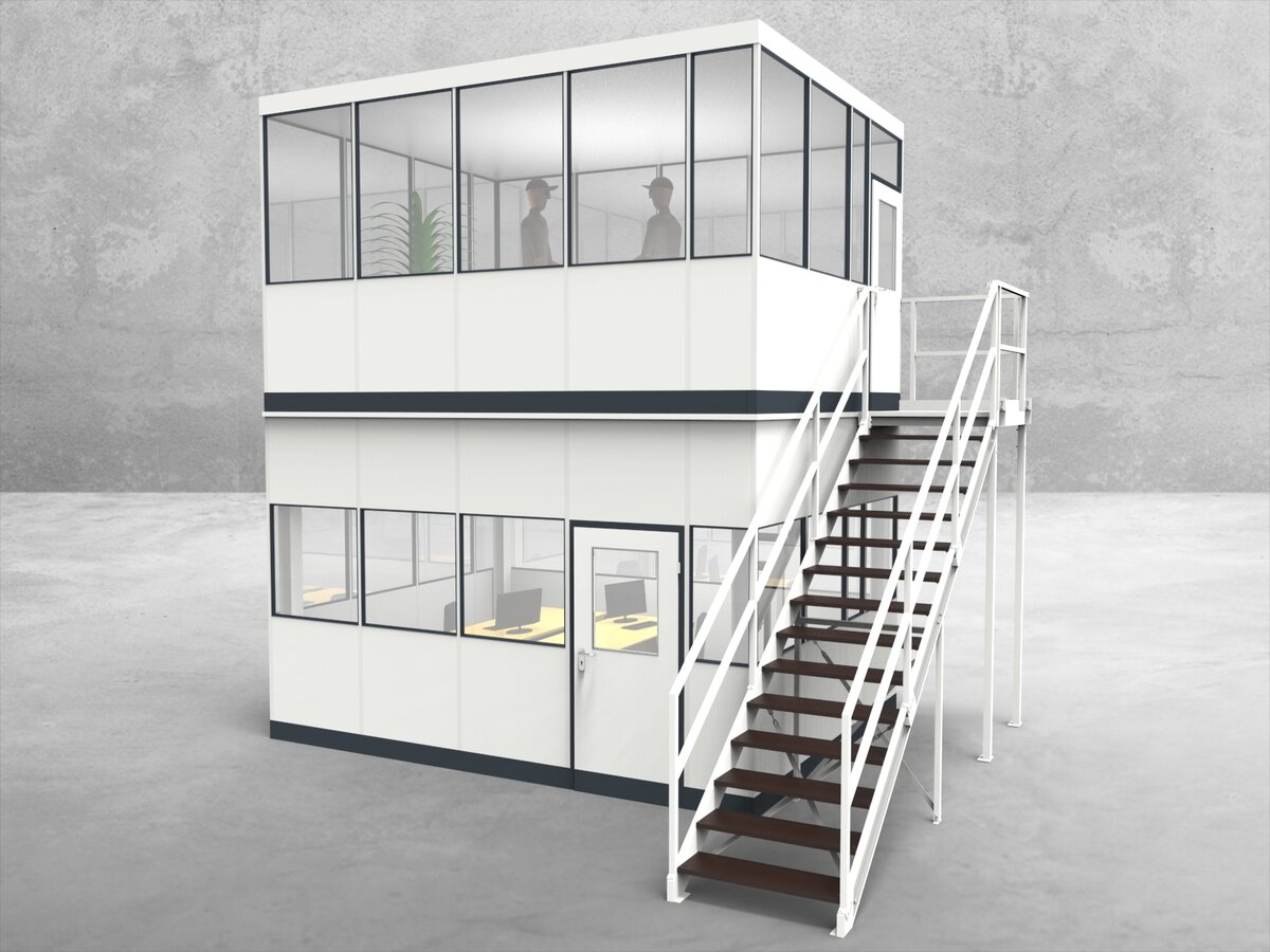 Aussenansicht für Hallenbüro als Doppelstock 4-seitig 4,50 x 3,50 m System RS 45 von Becker Raumsysteme - Artikel HD4-4535