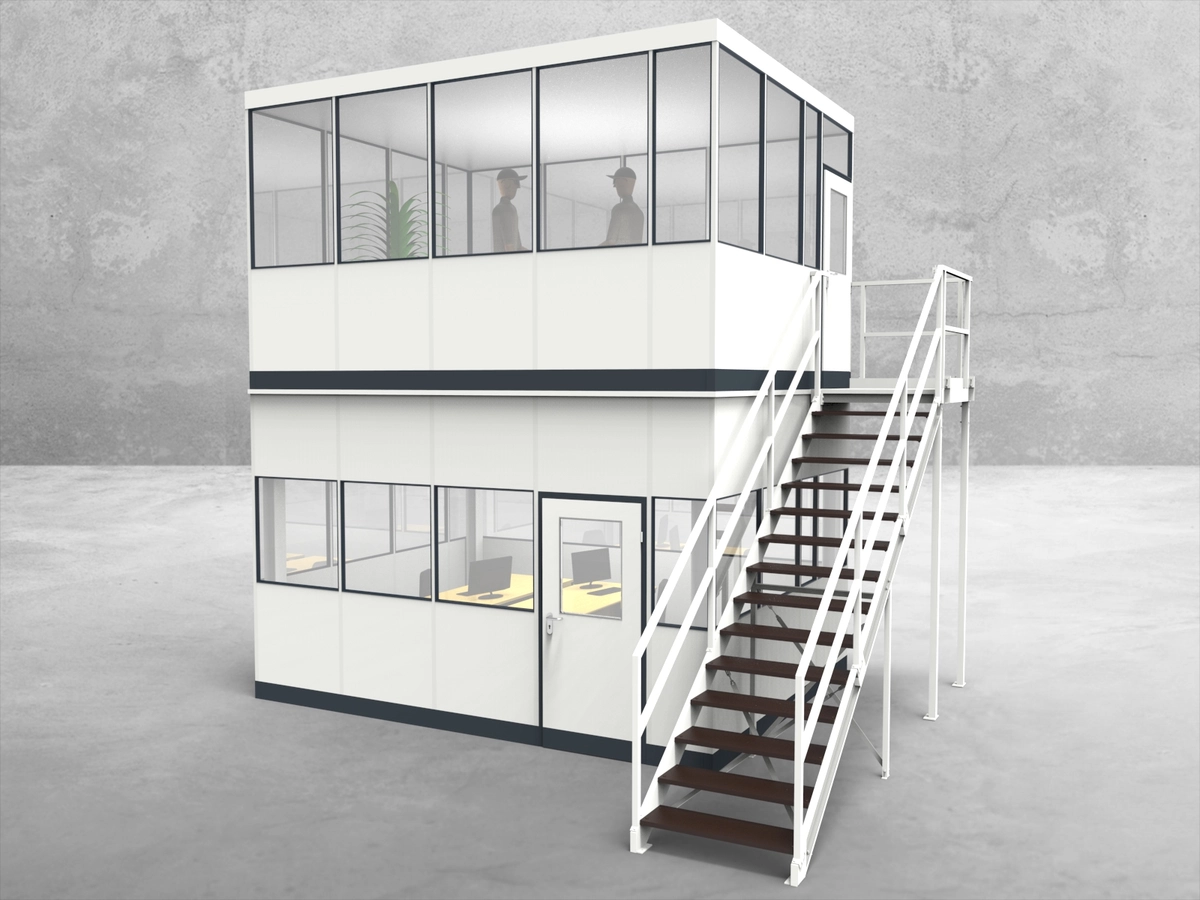 Aussenansicht für Hallenbüro als Doppelstock 4-seitig 4,50 x 3,50 m System RS 45 von Becker Raumsysteme - Artikel HD4-4535