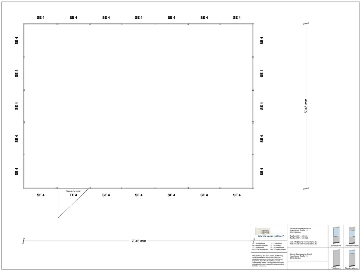 Zeichnung für Stellwand 4-seitig 7,00 x 5,00 m System RS 45 von Becker Raumsysteme - Artikel SW4-7050