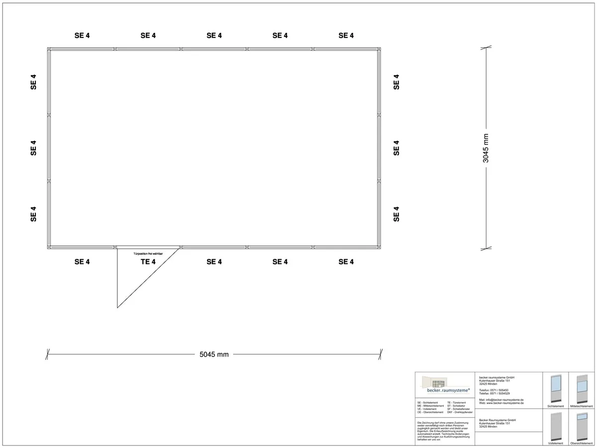 Zeichnung für Stellwand 4-seitig 5,00 x 3,00 m System RS 45 von Becker Raumsysteme - Artikel SW4-5030
