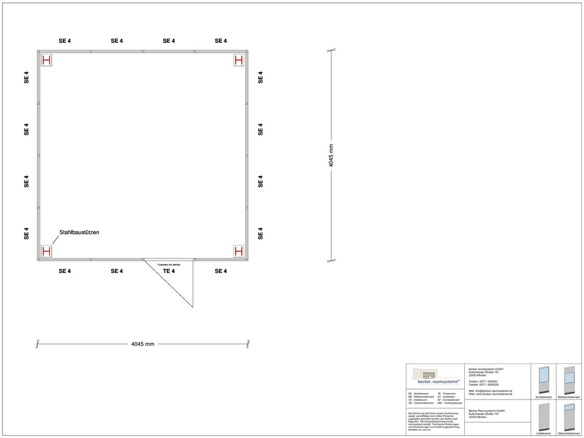 Zeichnung für Hallenbüro als Doppelstock 4-seitig 4,00 x 4,00 m System RS 45 von Becker Raumsysteme - Artikel HD4-4040