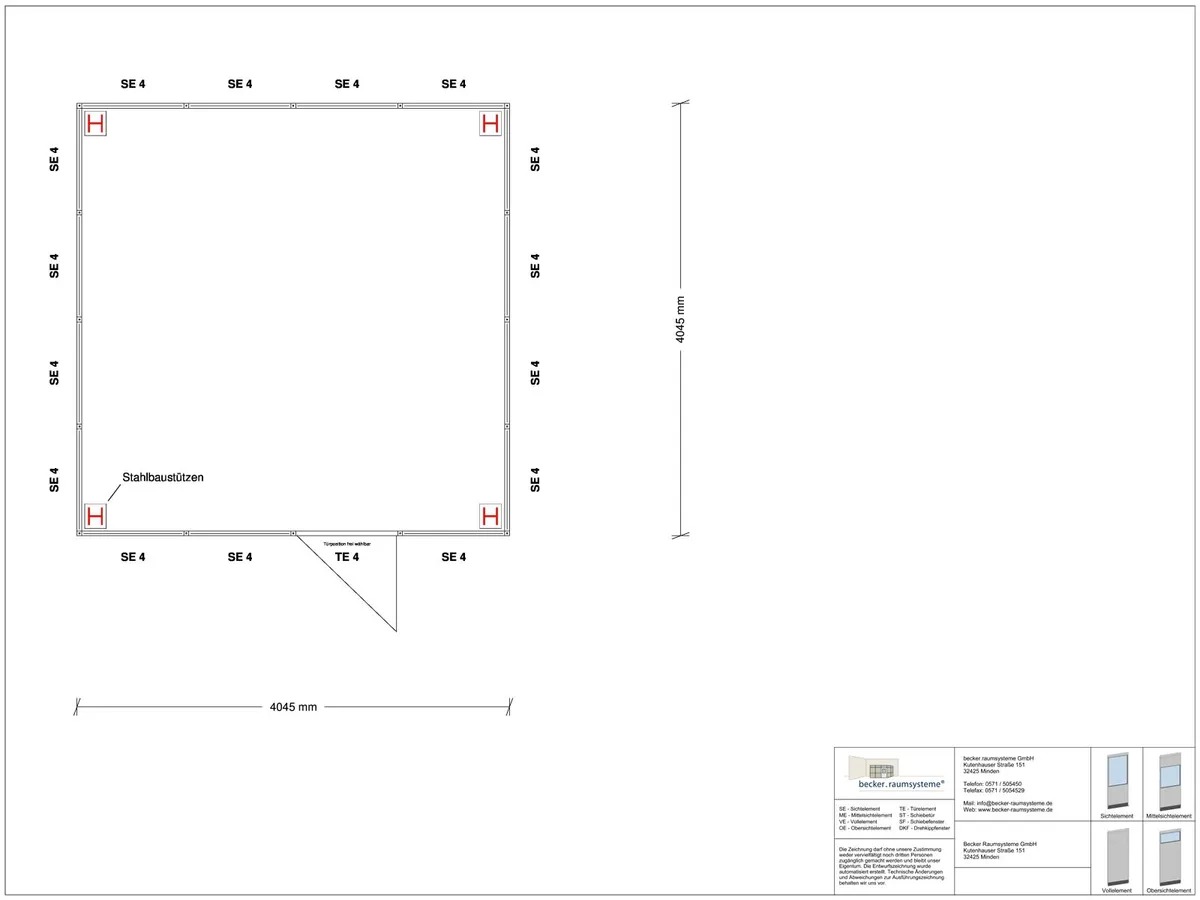 Zeichnung für Hallenbüro als Doppelstock 4-seitig 4,00 x 4,00 m System RS 45 von Becker Raumsysteme - Artikel HD4-4040