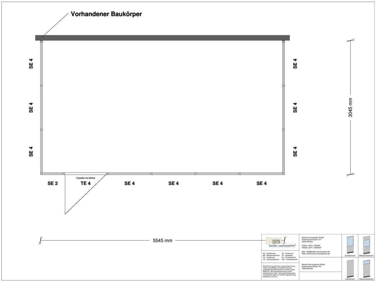 Zeichnung für Hallenbüro 3-seitig 5,50 x 3,00 m System RS 45 von Becker Raumsysteme - Artikel HB3-5530