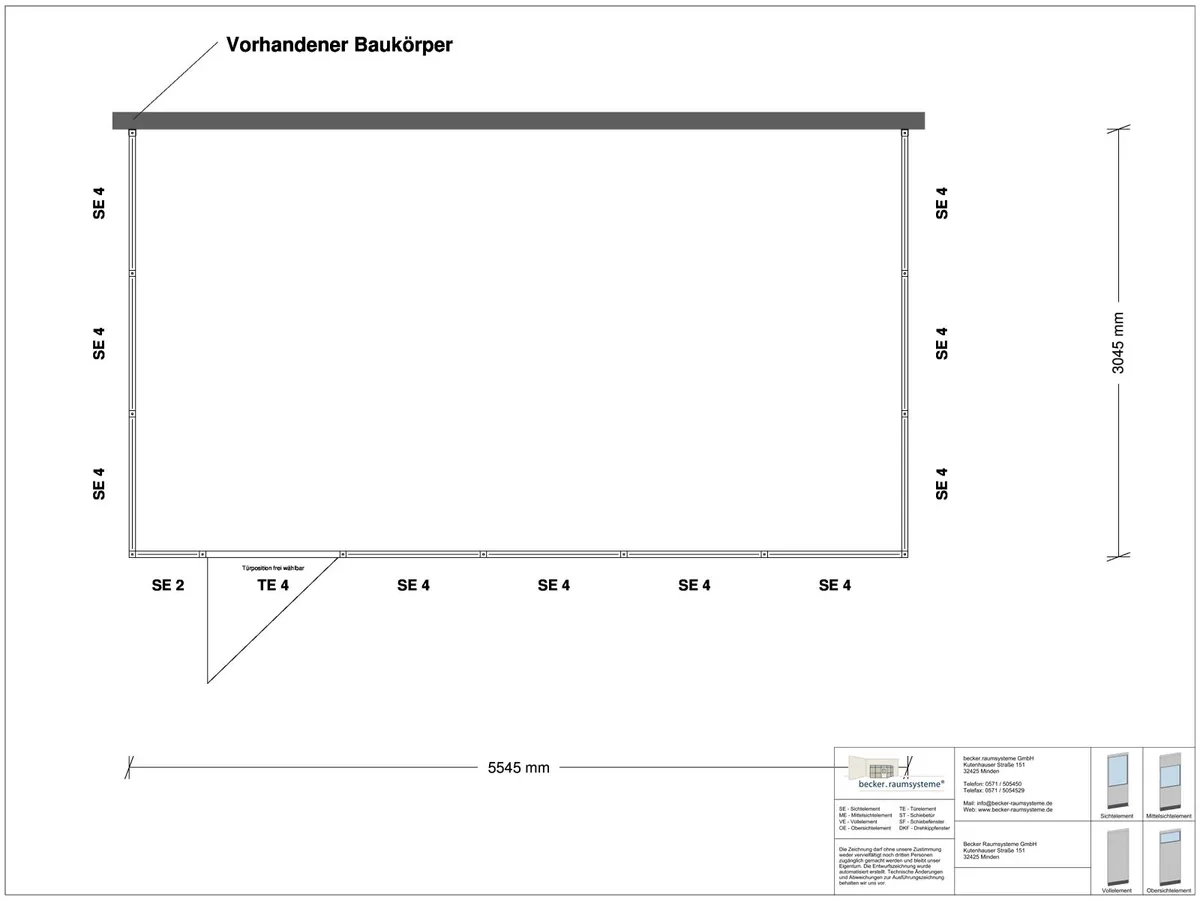 Zeichnung für Hallenbüro 3-seitig 5,50 x 3,00 m System RS 45 von Becker Raumsysteme - Artikel HB3-5530