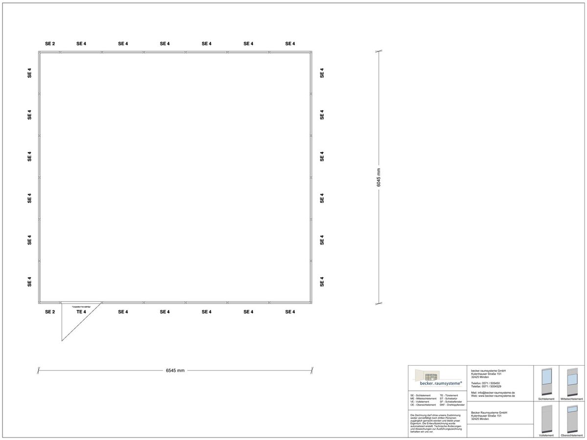 Zeichnung für Hallenbüro 4-seitig 6,50 x 6,00 m System RS 45 von Becker Raumsysteme - Artikel HB4-6560