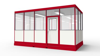 Mobile Bürokabine modular errichtet in einer Industriehalle Mobile Bürokabine in Industriehalle als Abtrennungen vom Produktionsprozess